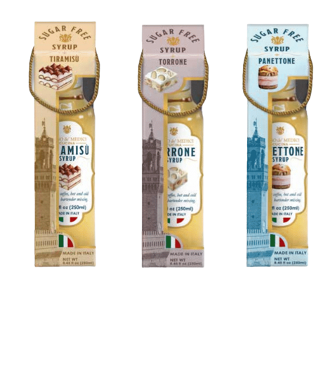 Borgo de Medici Sugar Free CoffeeSyrup Gift Box- Tiramisu ,Panettone, Soft Nougat