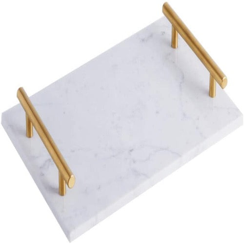 Natural White Marble Serving Tray with Brushed Metal Handles 30x20cm - Cheese Board Ideas Trinidad Boxbles Gourmet Store