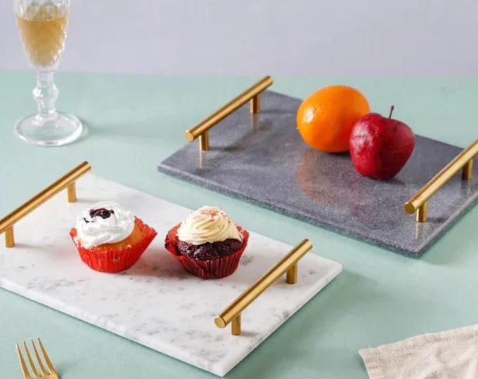 Natural White Marble Serving Tray with Brushed Metal Handles 30x20cm - Cheese Board Ideas Trinidad Boxbles Gourmet Store