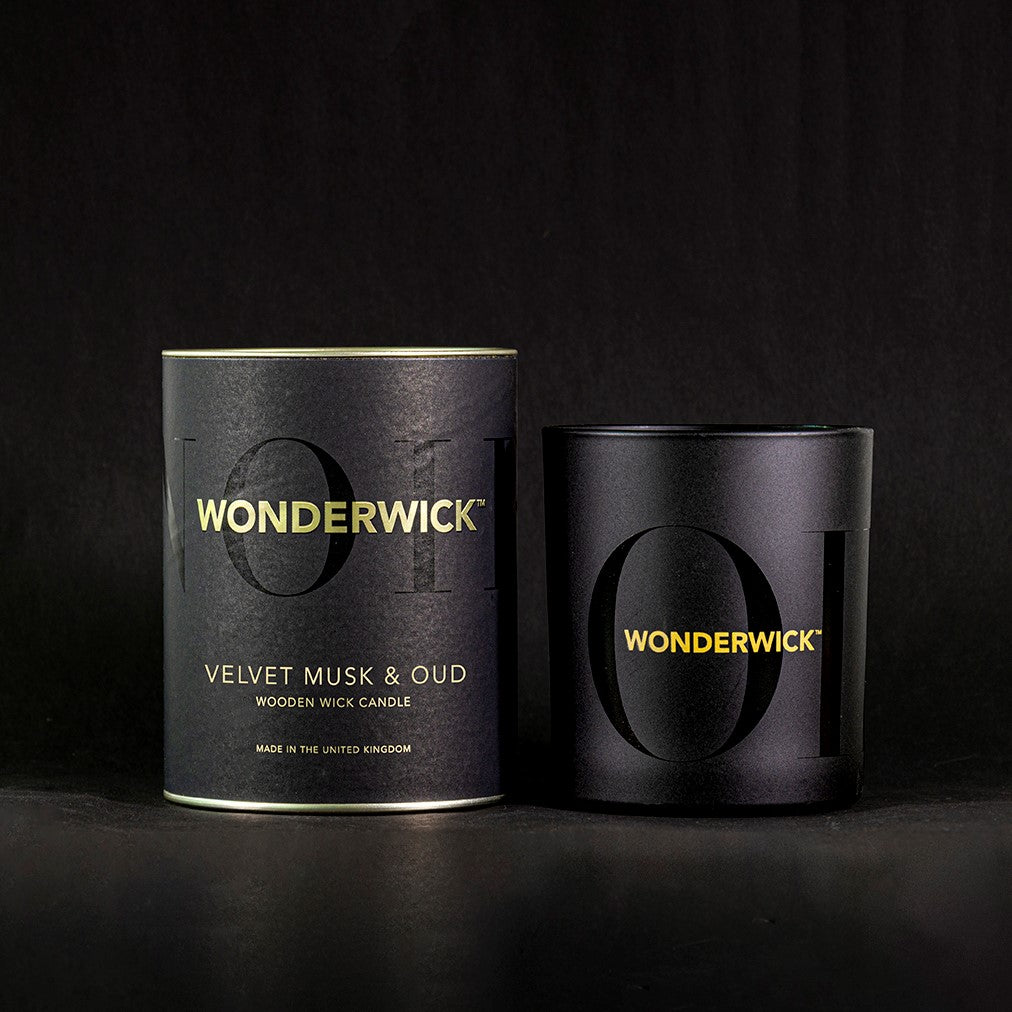 Wonderwick Velvet Musk &amp; Oud  Noir Glass Candle Trinidad Boxbles Gourmet Store